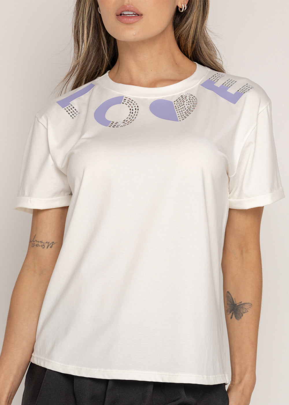 T-SHIRT LOVE MORADA DMC MARFIL ORC-001